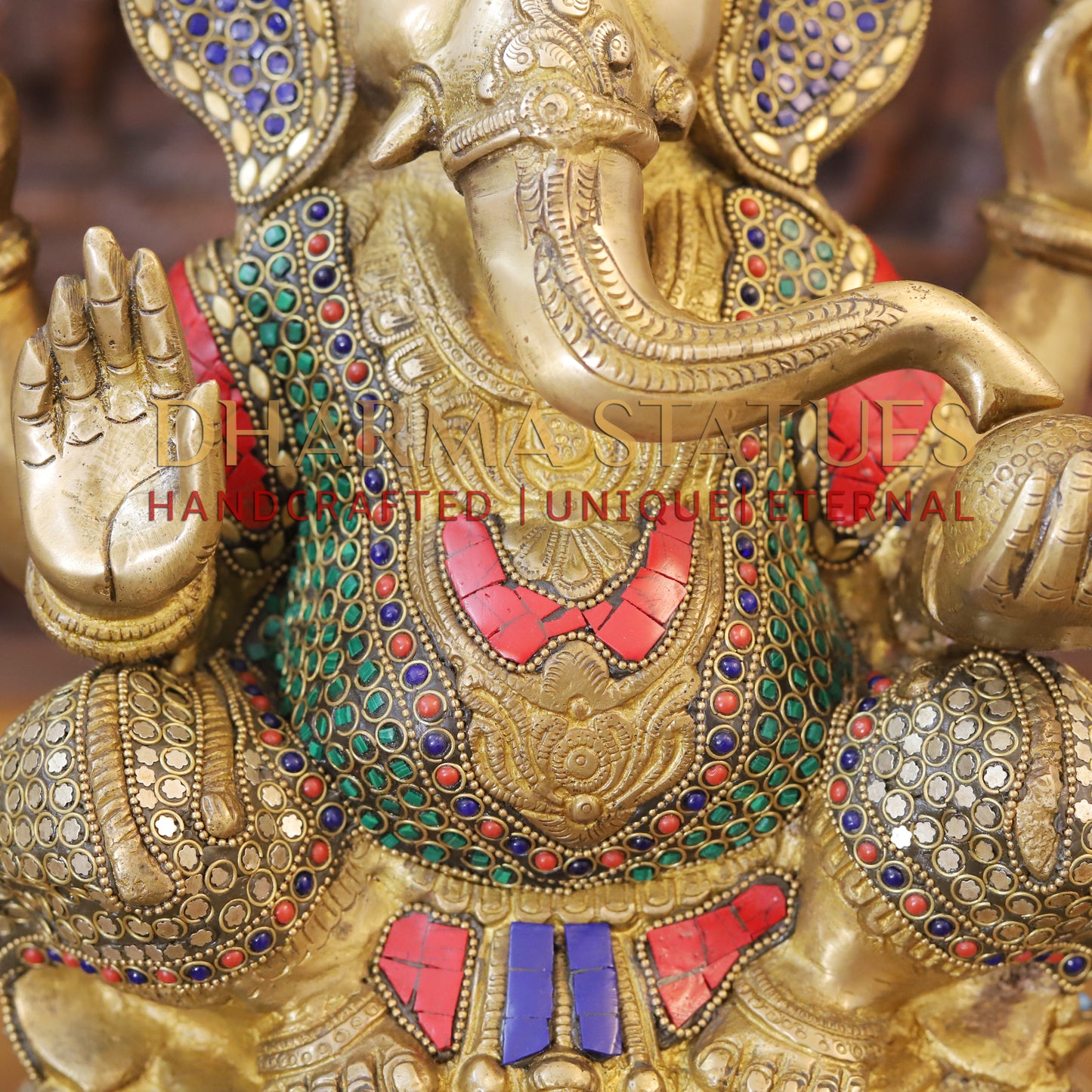 Brass Ganesh seated in Blessing Posture, Golden & Stonework, 18.5"