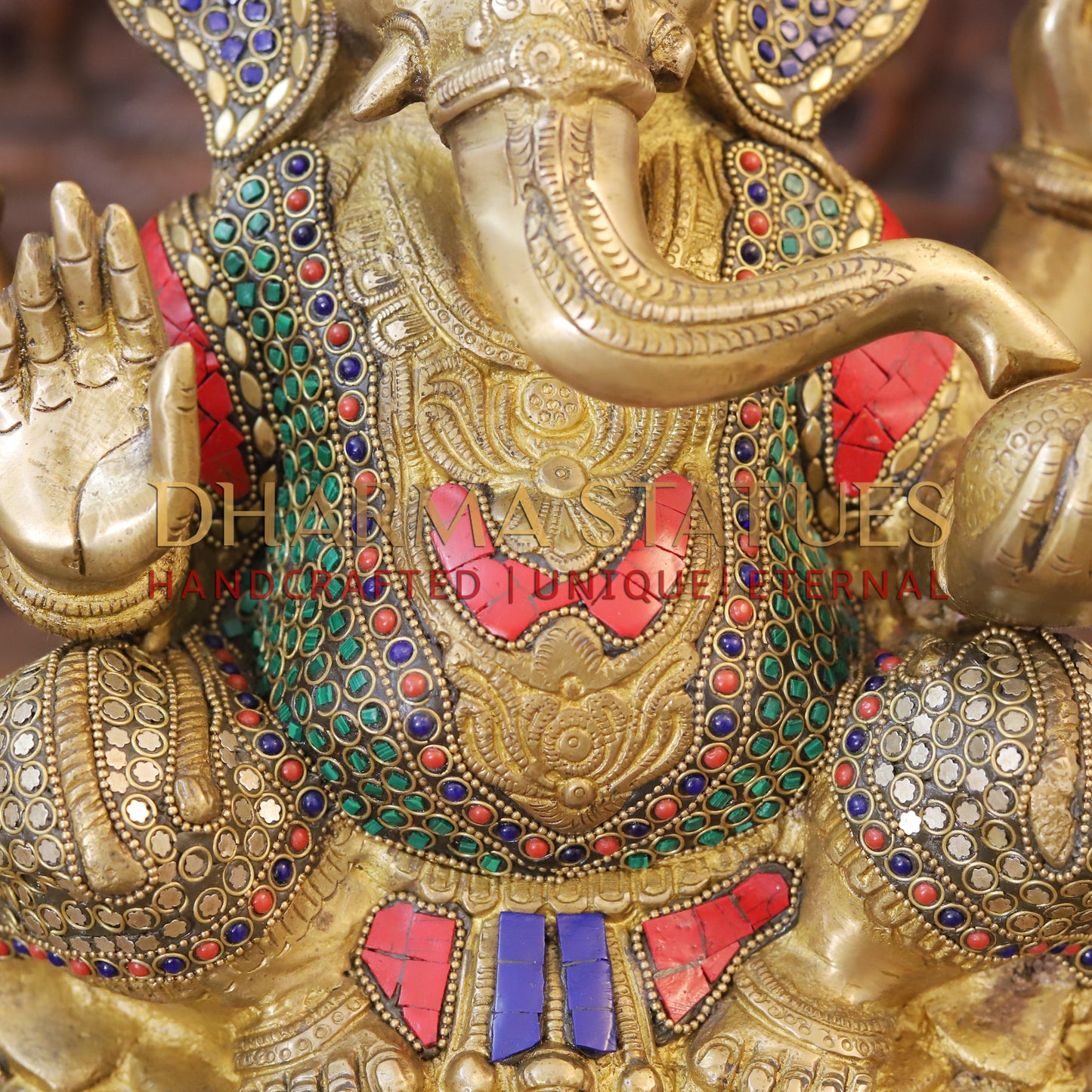 Brass Ganesh seated in Blessing Posture, Golden & Stonework, 18.5"