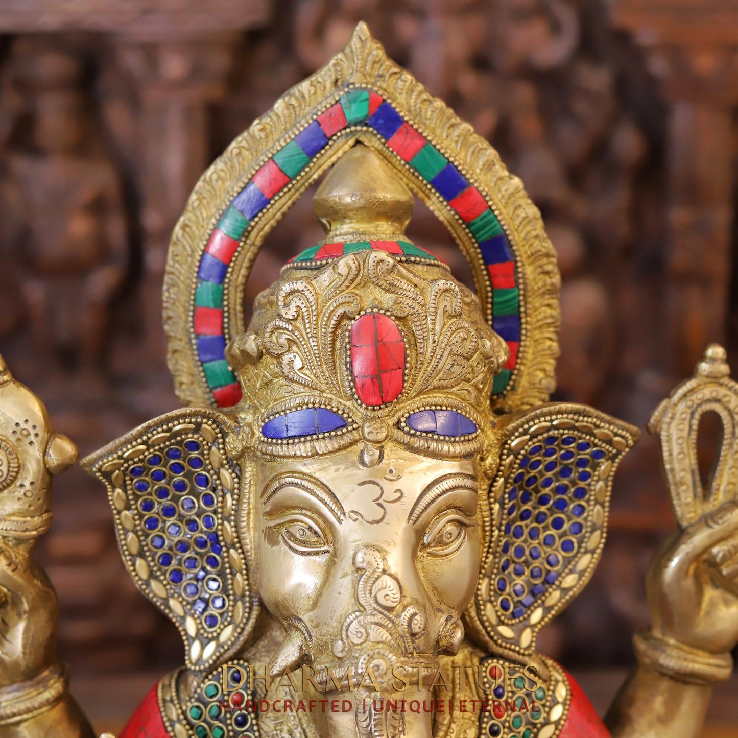 Brass Ganesh seated in Blessing Posture, Golden & Stonework, 18.5"