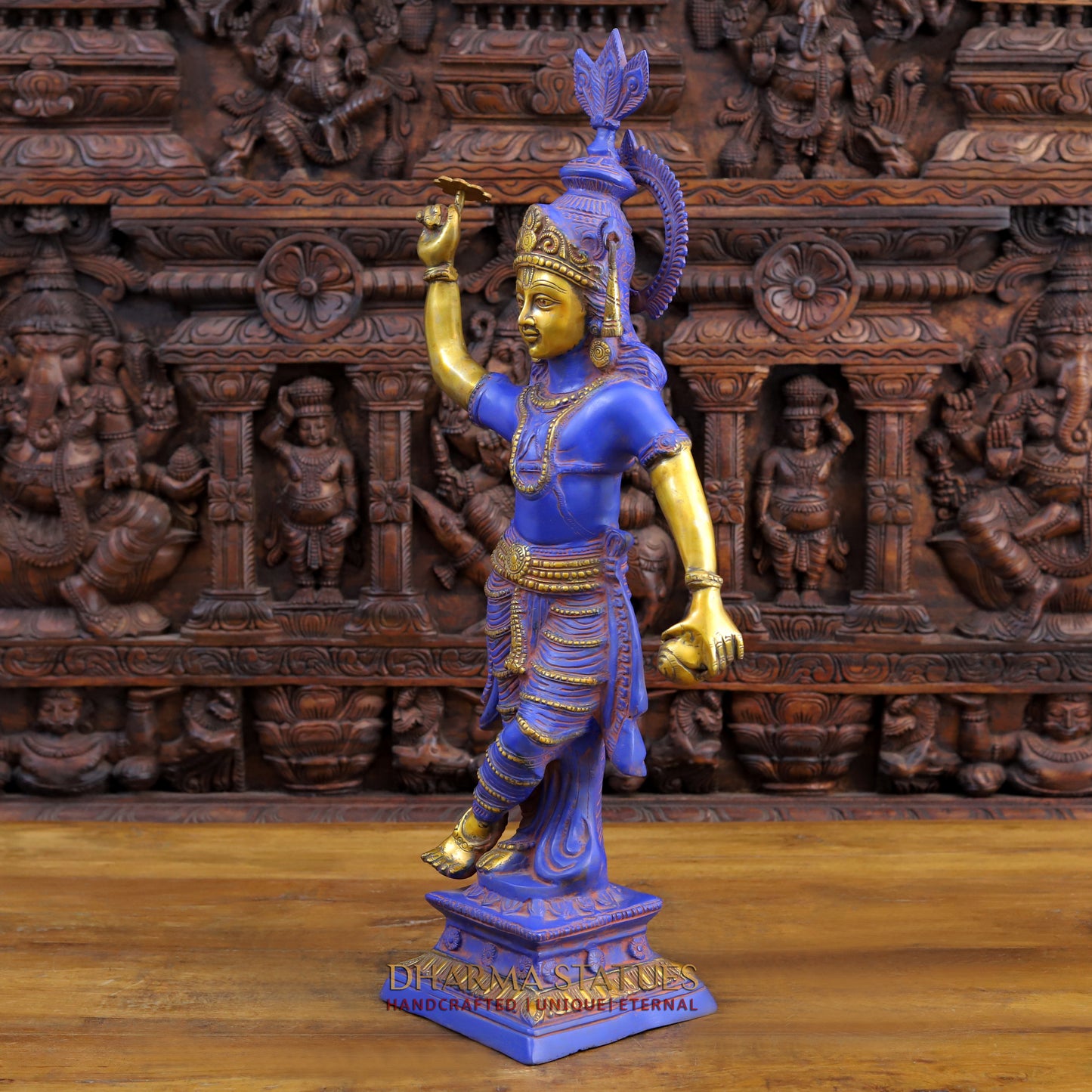 Brass Krishna with Shankha Sudarshan Chakra, Purple Patina & Gold Finish, 28.5"