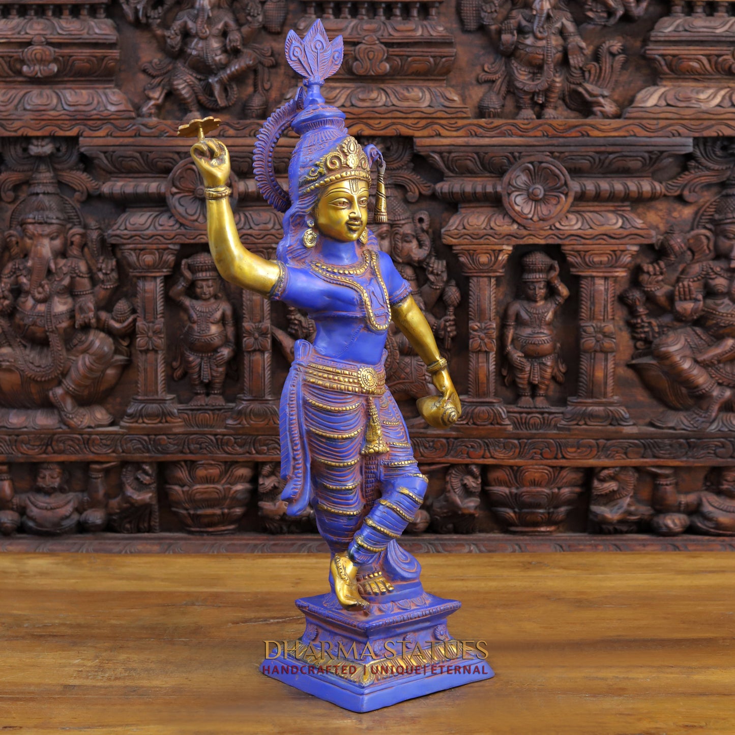 Brass Krishna with Shankha Sudarshan Chakra, Purple Patina & Gold Finish, 28.5"