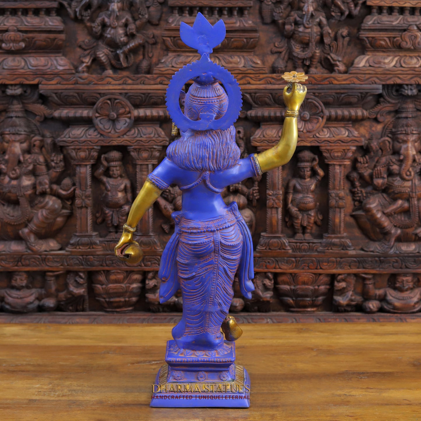 Brass Krishna with Shankha Sudarshan Chakra, Purple Patina & Gold Finish, 28.5"