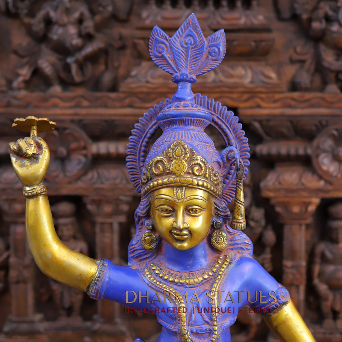 Brass Krishna with Shankha Sudarshan Chakra, Purple Patina & Gold Finish, 28.5"