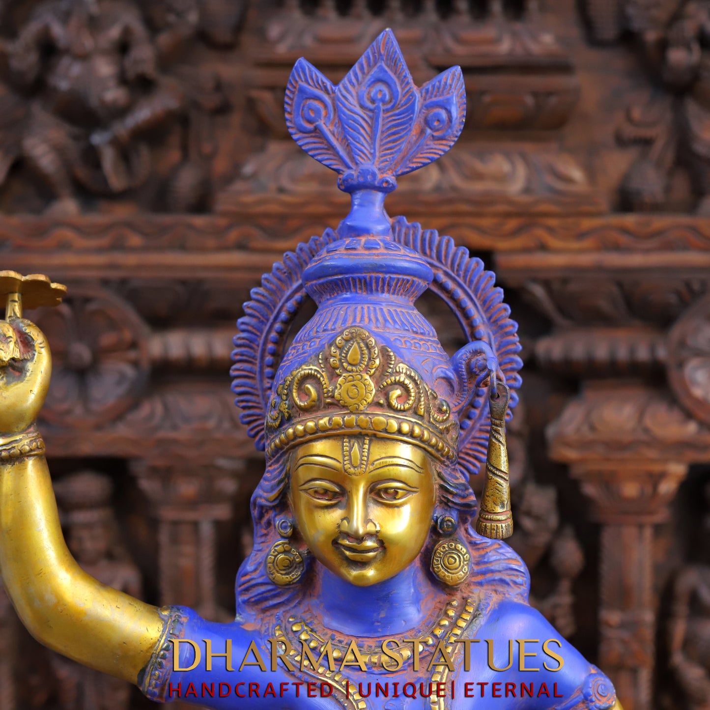 Brass Krishna with Shankha Sudarshan Chakra, Purple Patina & Gold Finish, 28.5"