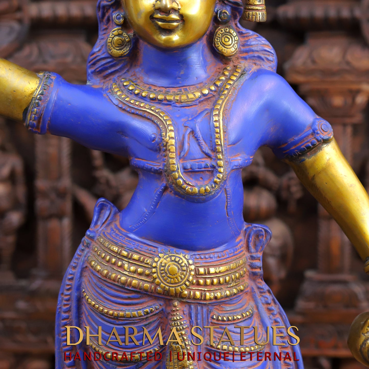 Brass Krishna with Shankha Sudarshan Chakra, Purple Patina & Gold Finish, 28.5"