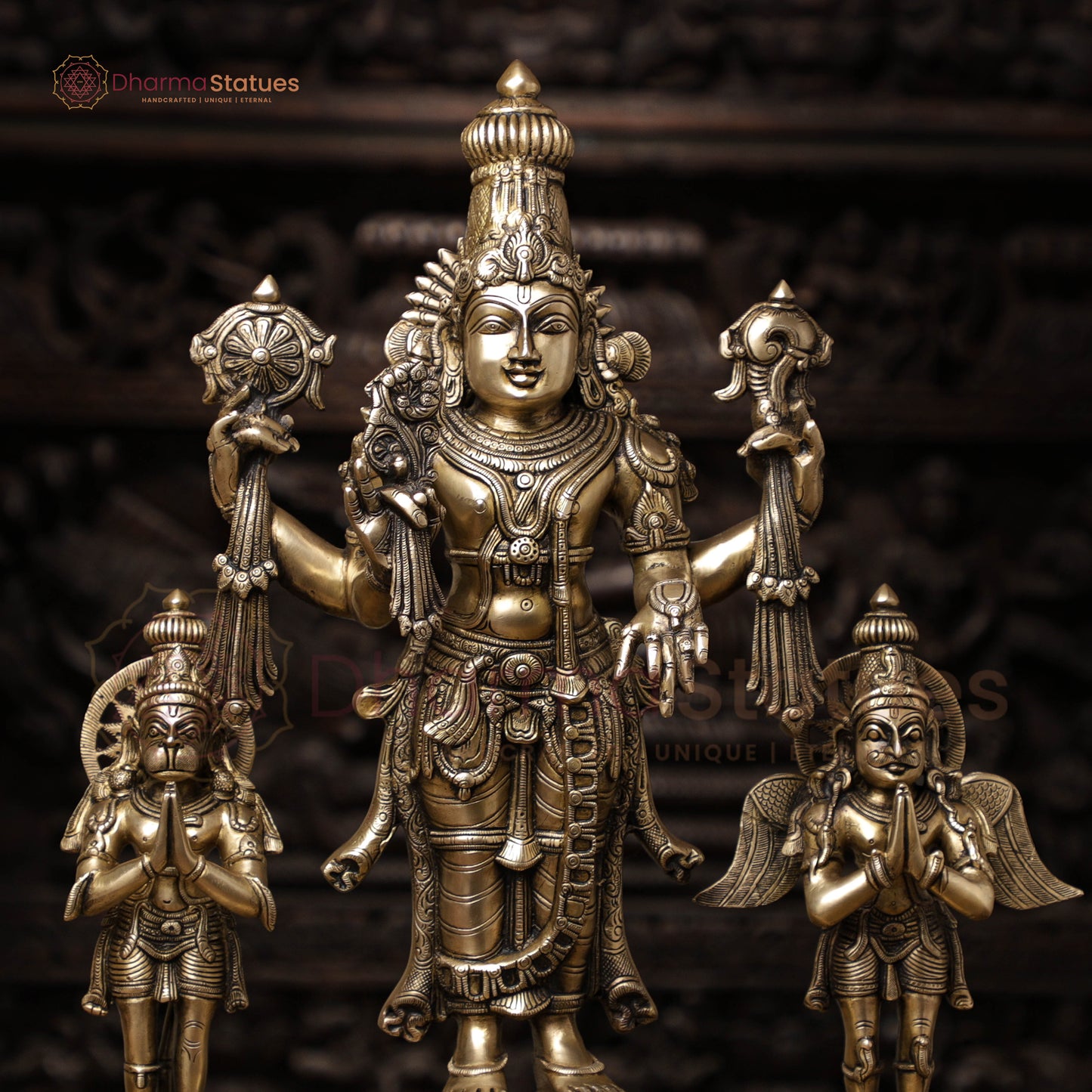 Brass Vishnu Standing With Garuda & Hanuman , Smooth Finish 24.5"