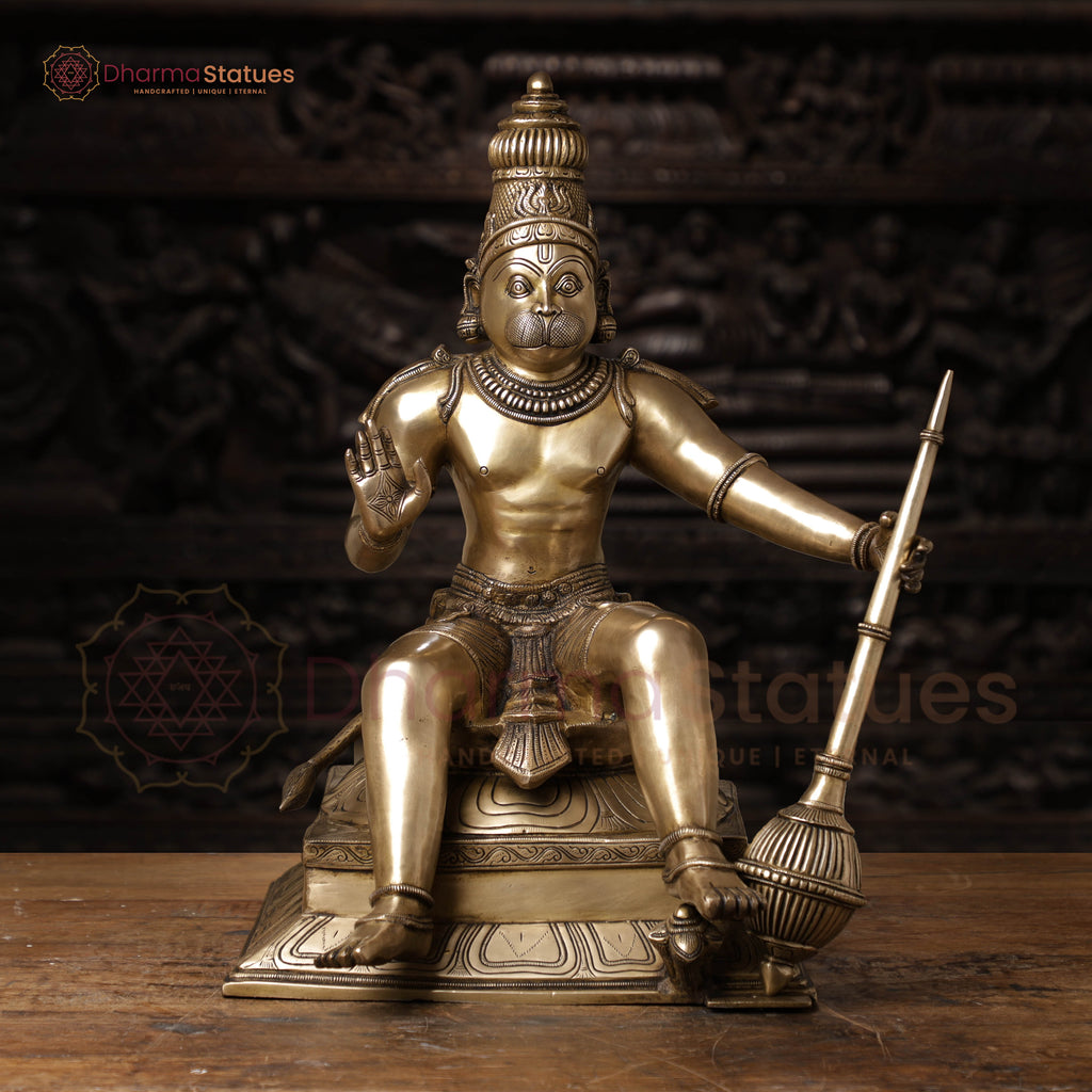 Brass Hanuman, Hanuman ji is Sitting on a Platform. 23" Front View