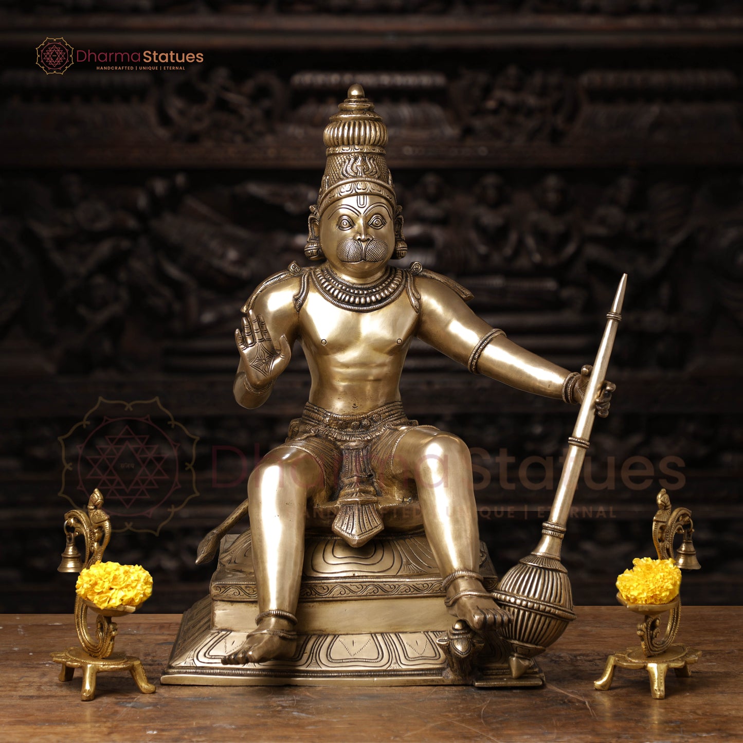 Brass Hanuman Statue, Seated, Fine Golden Finish 23"