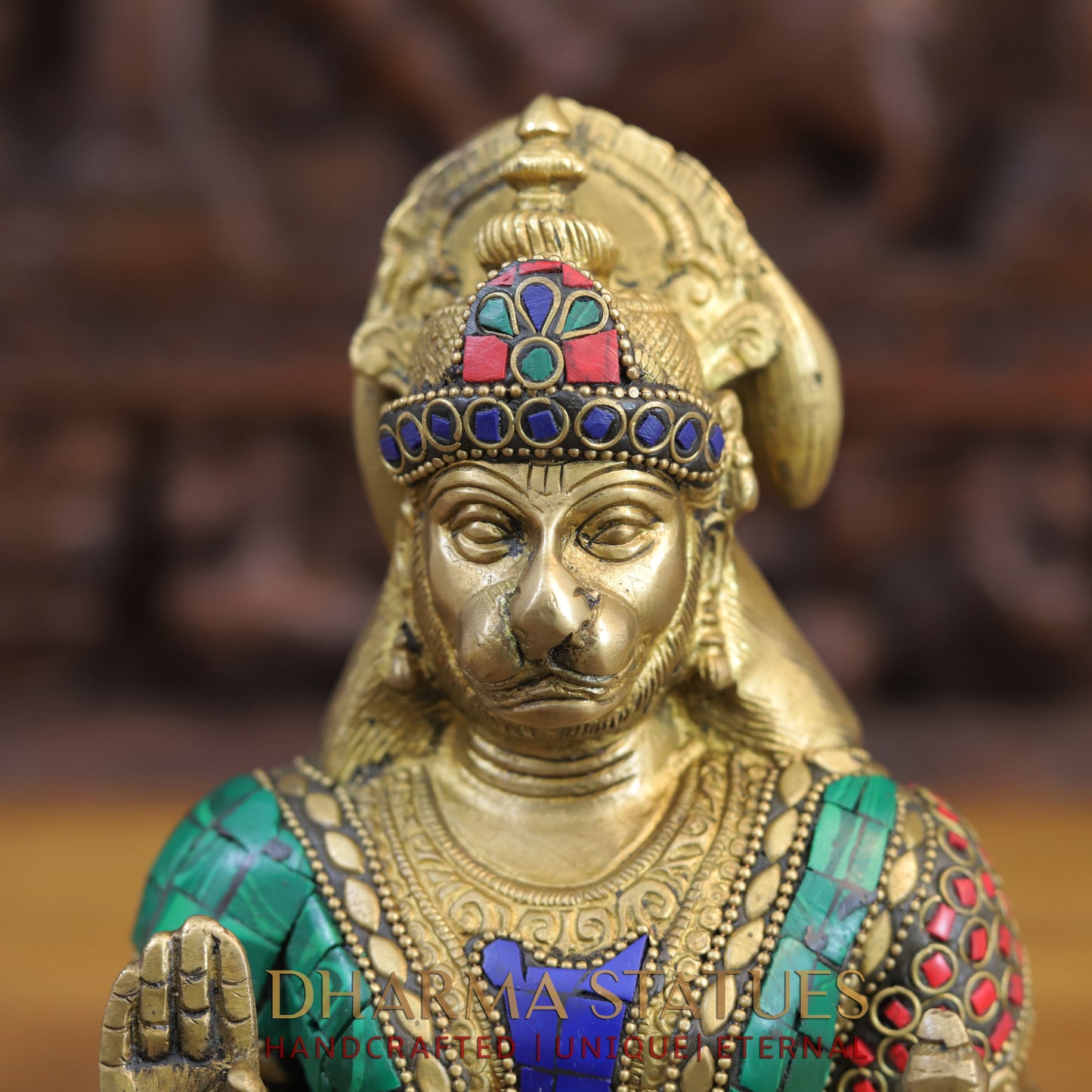 Brass Hanuman Ji in Blessing Posture, Golden & Stonework, 10"