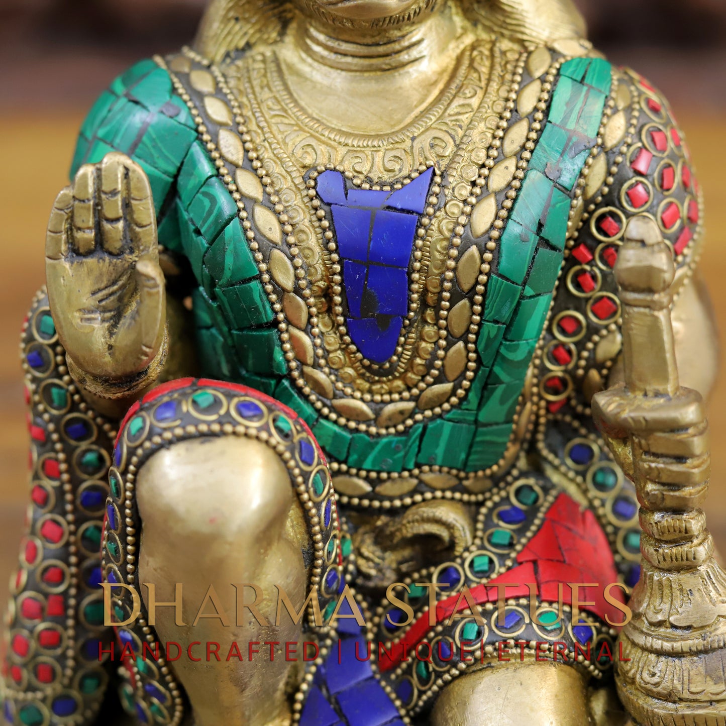 Brass Hanuman Ji in Blessing Posture, Golden & Stonework, 10"