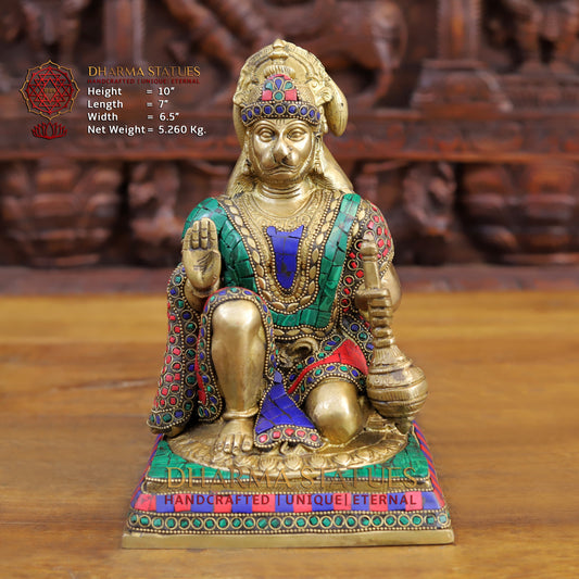 Brass Hanuman Ji in Blessing Posture, Golden & Stonework, 10"