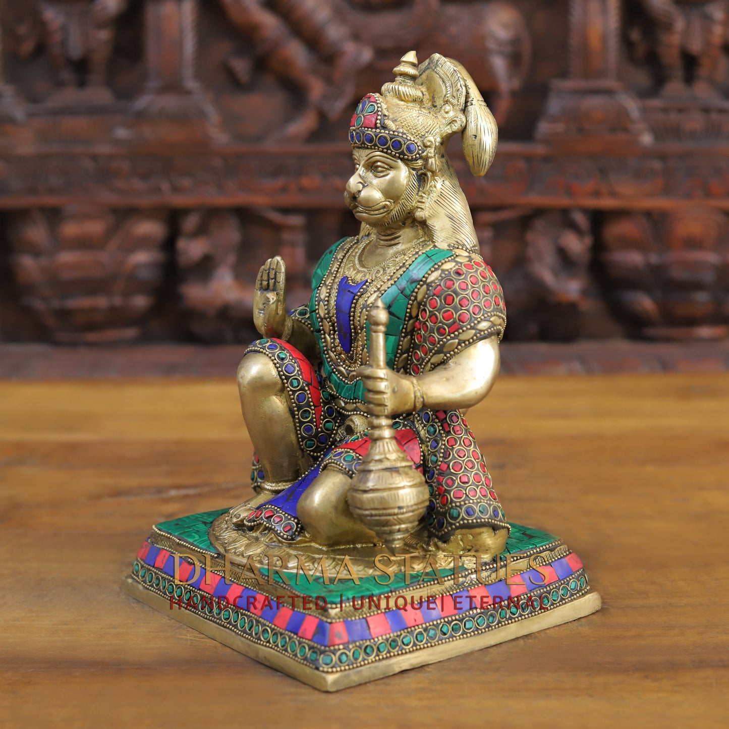 Brass Hanuman Ji in Blessing Posture, Golden & Stonework, 10"