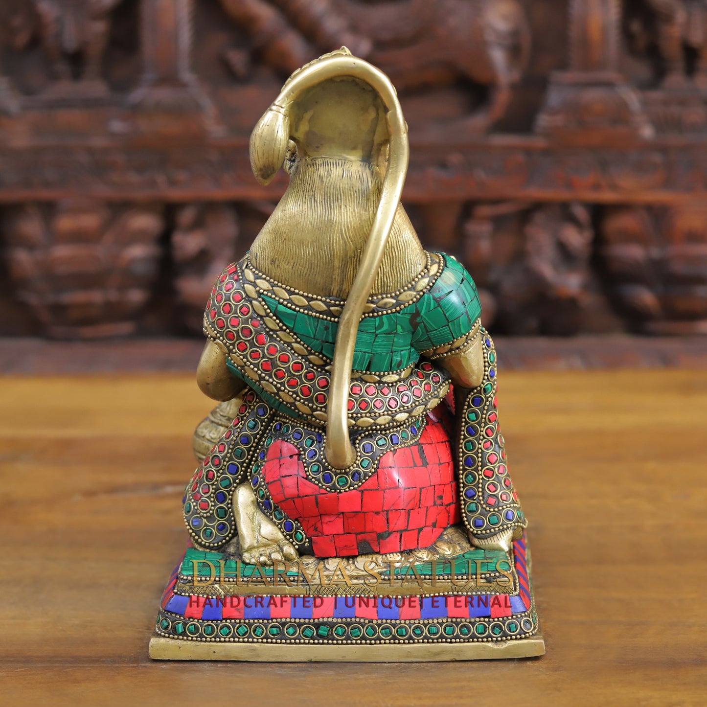 Brass Hanuman Ji in Blessing Posture, Golden & Stonework, 10"