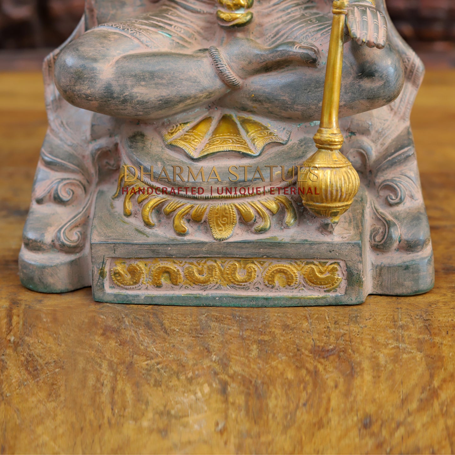 Brass Hanuman Ji seated in Blessing Posture, Light Brown Patina & Golden Finish, 17.5"