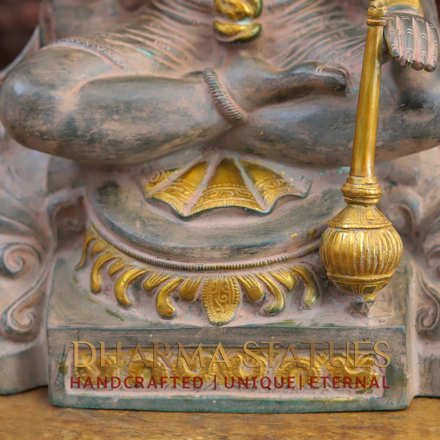 Brass Hanuman Ji seated in Blessing Posture, Light Brown Patina & Golden Finish, 17.5"