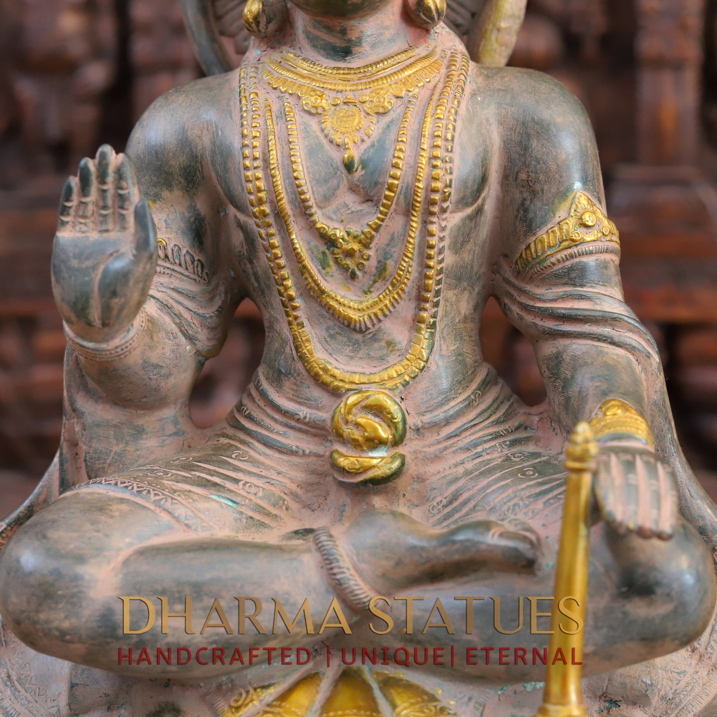 Brass Hanuman Ji seated in Blessing Posture, Light Brown Patina & Golden Finish, 17.5"