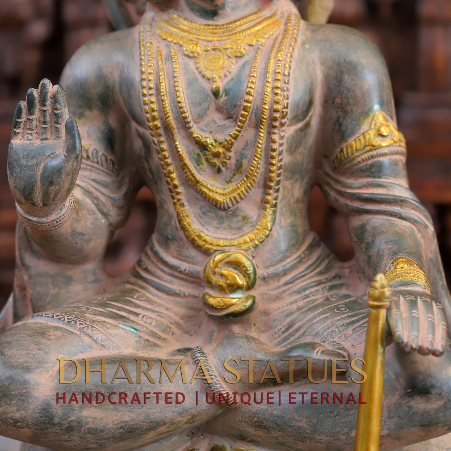 Brass Hanuman Ji seated in Blessing Posture, Light Brown Patina & Golden Finish, 17.5"