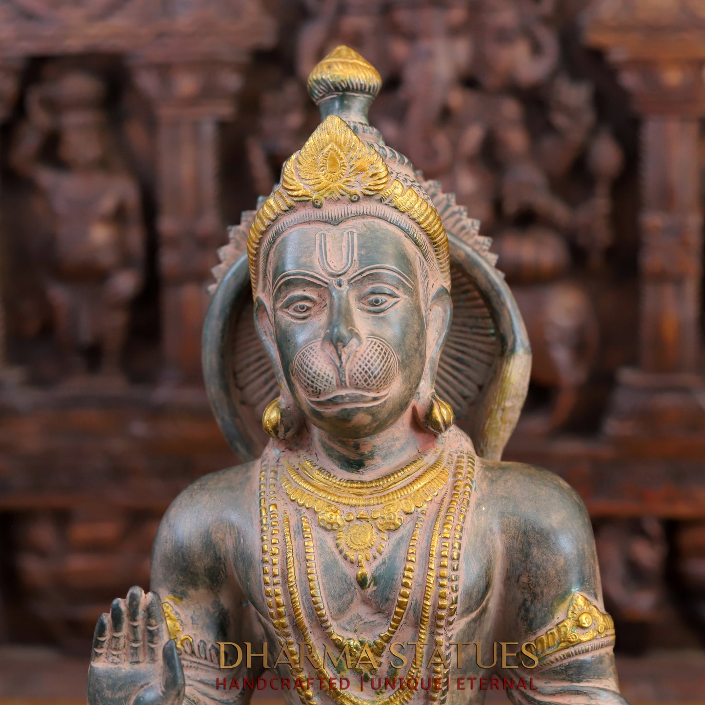 Brass Hanuman Ji seated in Blessing Posture, Light Brown Patina & Golden Finish, 17.5"