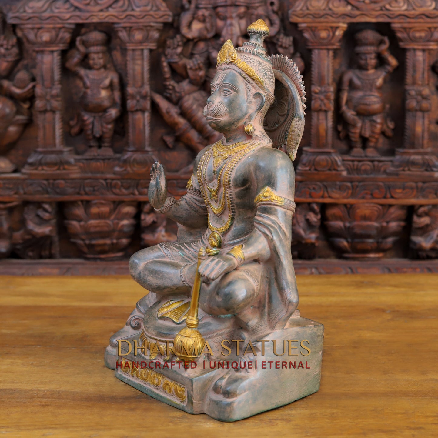 Brass Hanuman Ji seated in Blessing Posture, Light Brown Patina & Golden Finish, 17.5"
