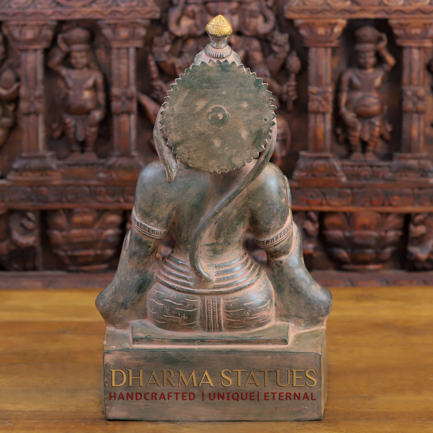 Brass Hanuman Ji seated in Blessing Posture, Light Brown Patina & Golden Finish, 17.5"