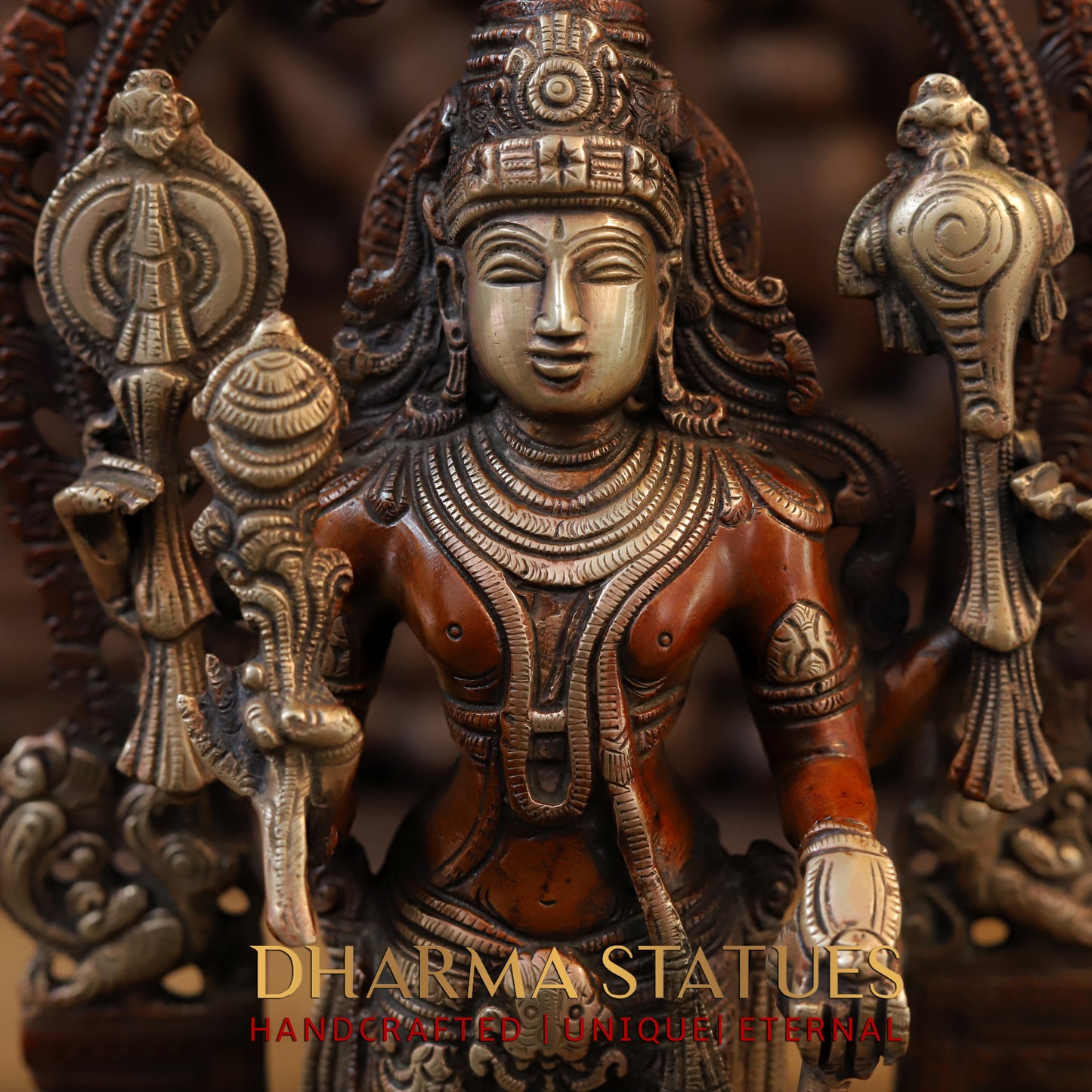 Brass Tirupati Balaji with Garuda at the Pedestal, Copper & Golden Finish, 16"