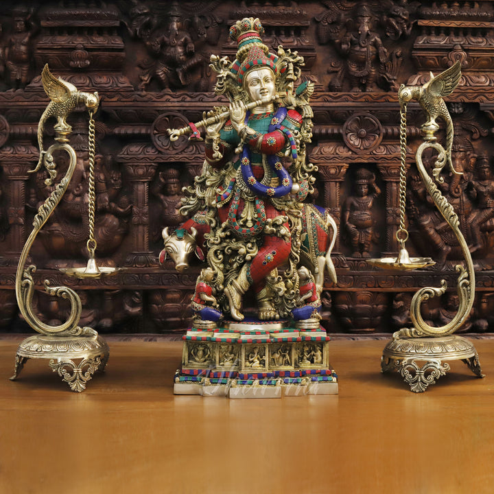 Brass Lord Krishna Idol, Krishna's Life: Melodies and Memories Golden with Stone Work 28"