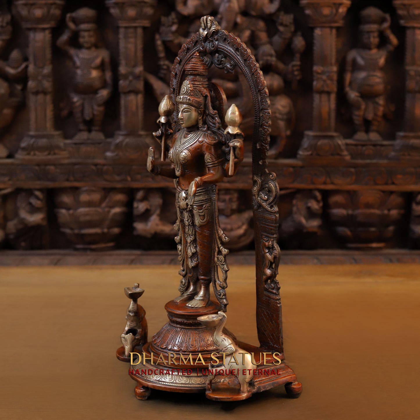 Brass Lakshmi Standing in Blessing Posture, Copper & Golden Finish, 16"