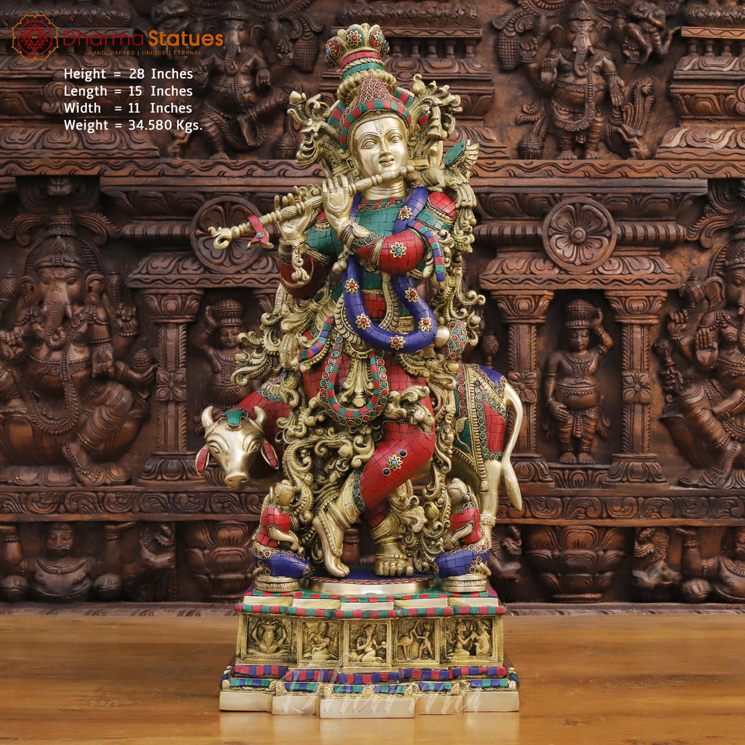 Brass Lord Krishna Idol, Krishna Playing Flute Besides Cow, Golden & Stone Work 28" Front View