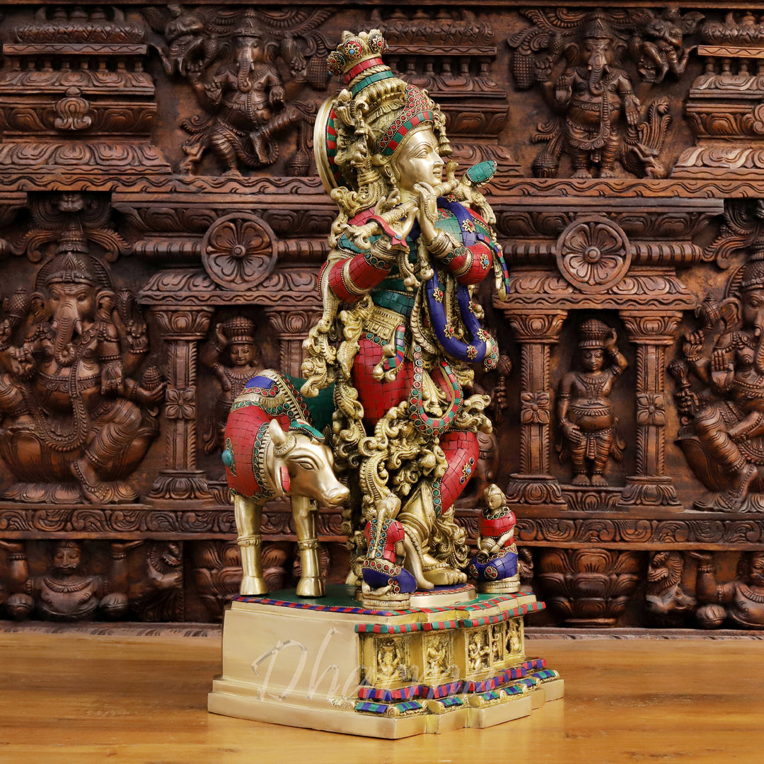 Brass Lord Krishna Idol, Krishna's Life: Melodies and Memories Golden with Stone Work 28"