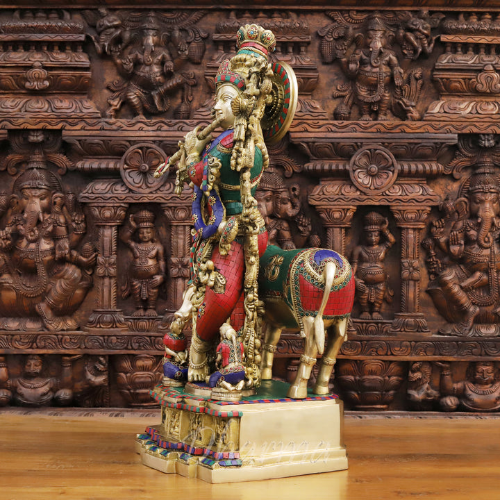 Brass Lord Krishna Idol, Krishna's Life: Melodies and Memories Golden with Stone Work 28"