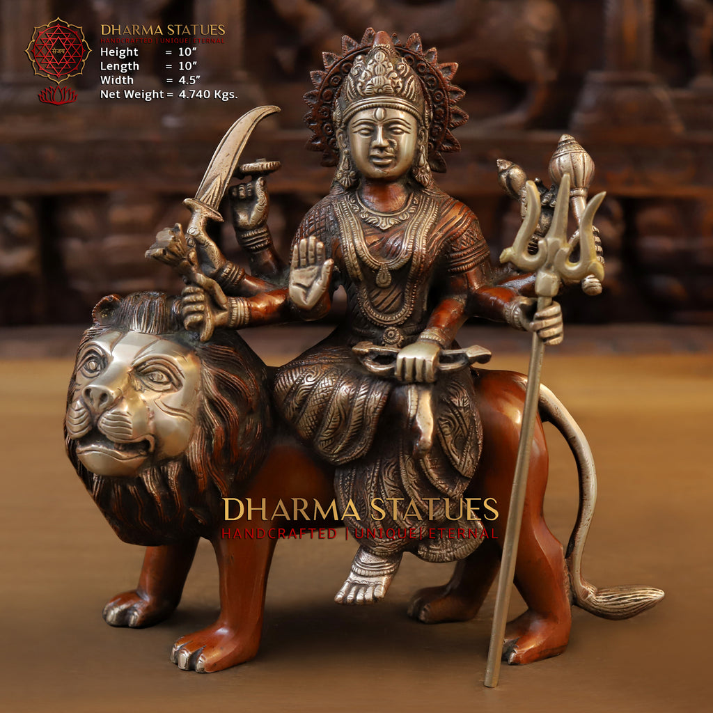 Brass Durga Idol- Sitting on a Mighty Lion, Copper & Golden Work 10" Front View