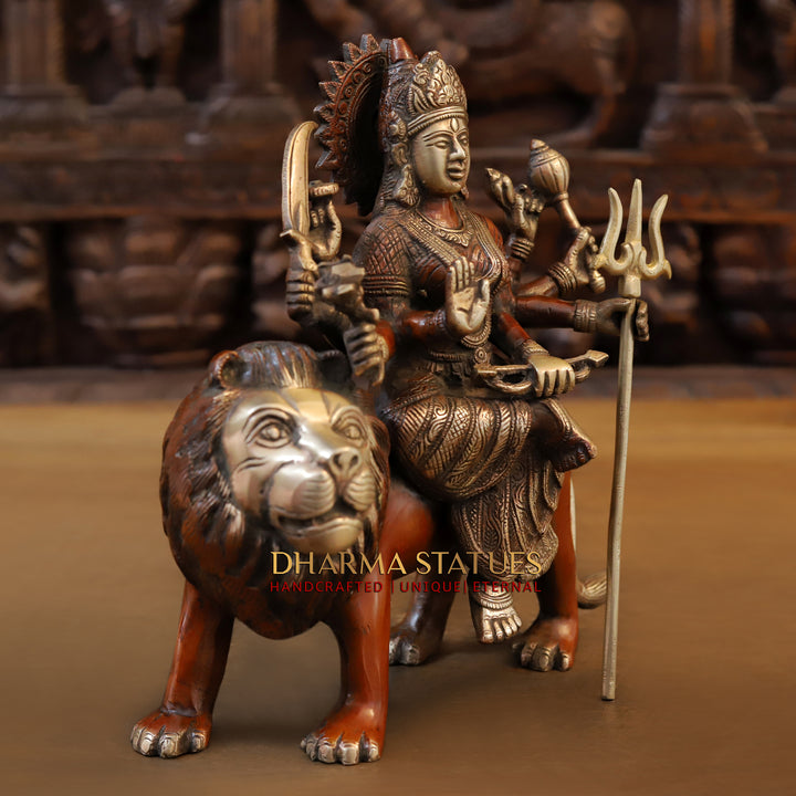 Brass Maa Durga is Sitting on a Mighty Lion. 10"
