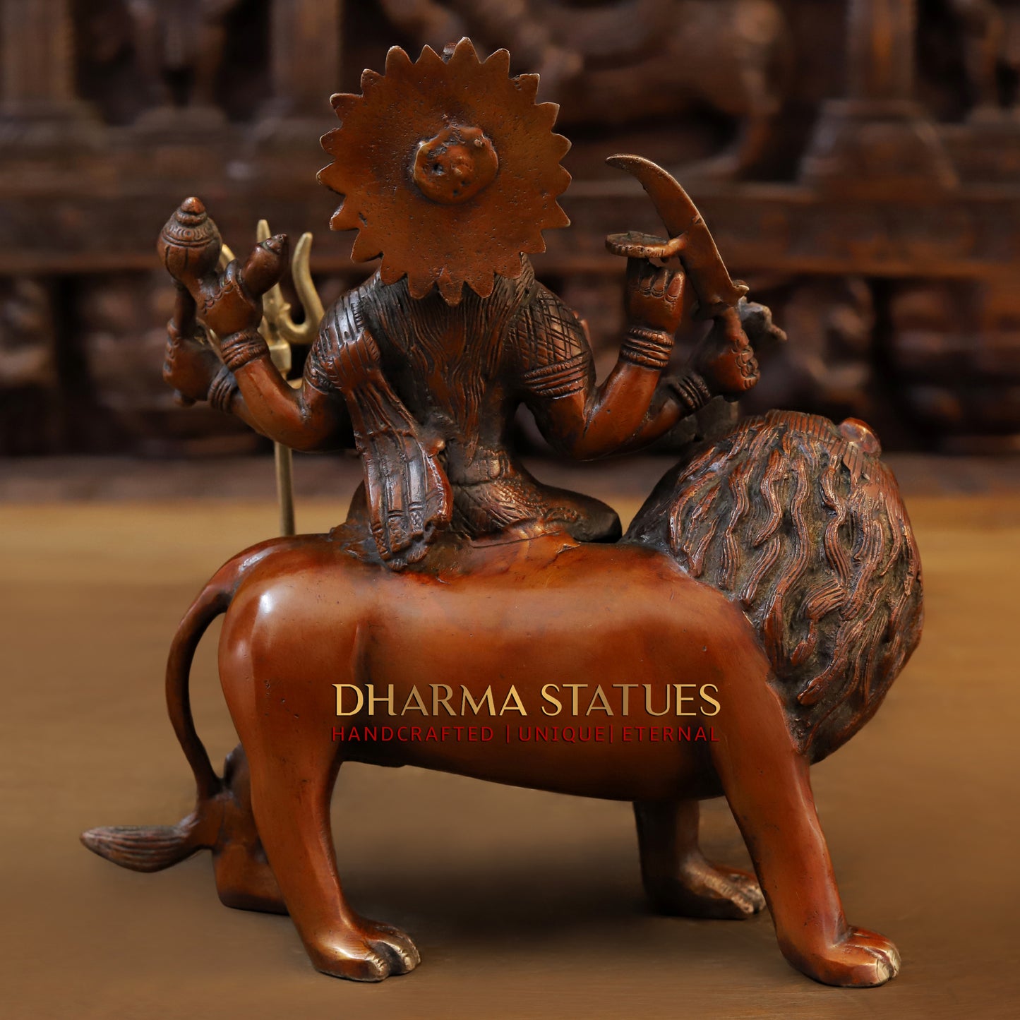 Brass Durga Idol, Sitting on a Mighty Lion, Copper & Golden Finish, 10"