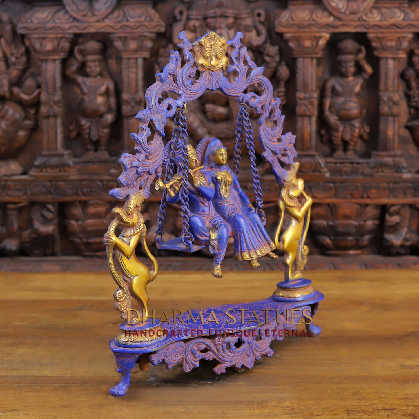 Brass Radha Krishna on Swing, Purple Patina & Gold Finish, 17.5"