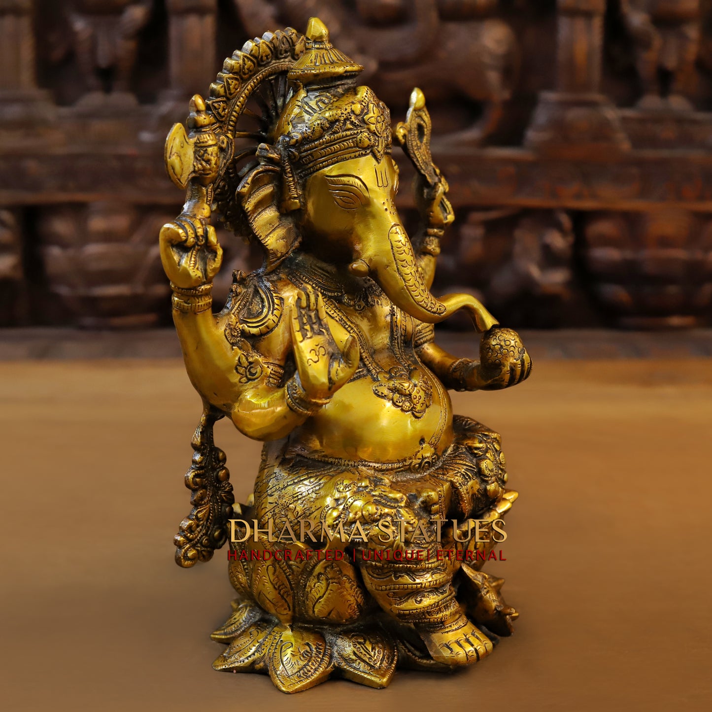 Brass Ganesh seated on Lotus in Blessing Posture, Fine Golden Finish, 12"