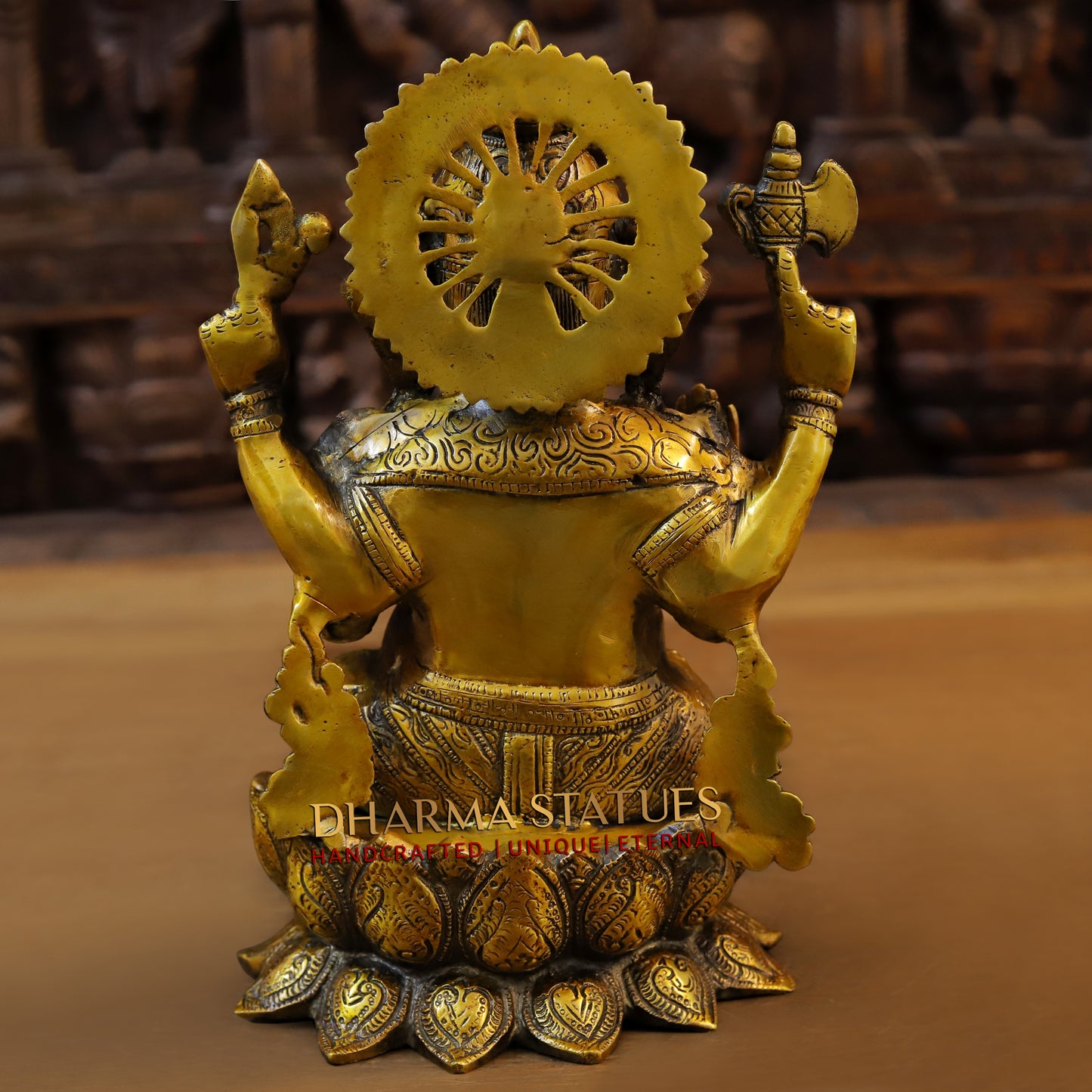 Brass Ganesh seated on Lotus in Blessing Posture, Fine Golden Finish, 12"