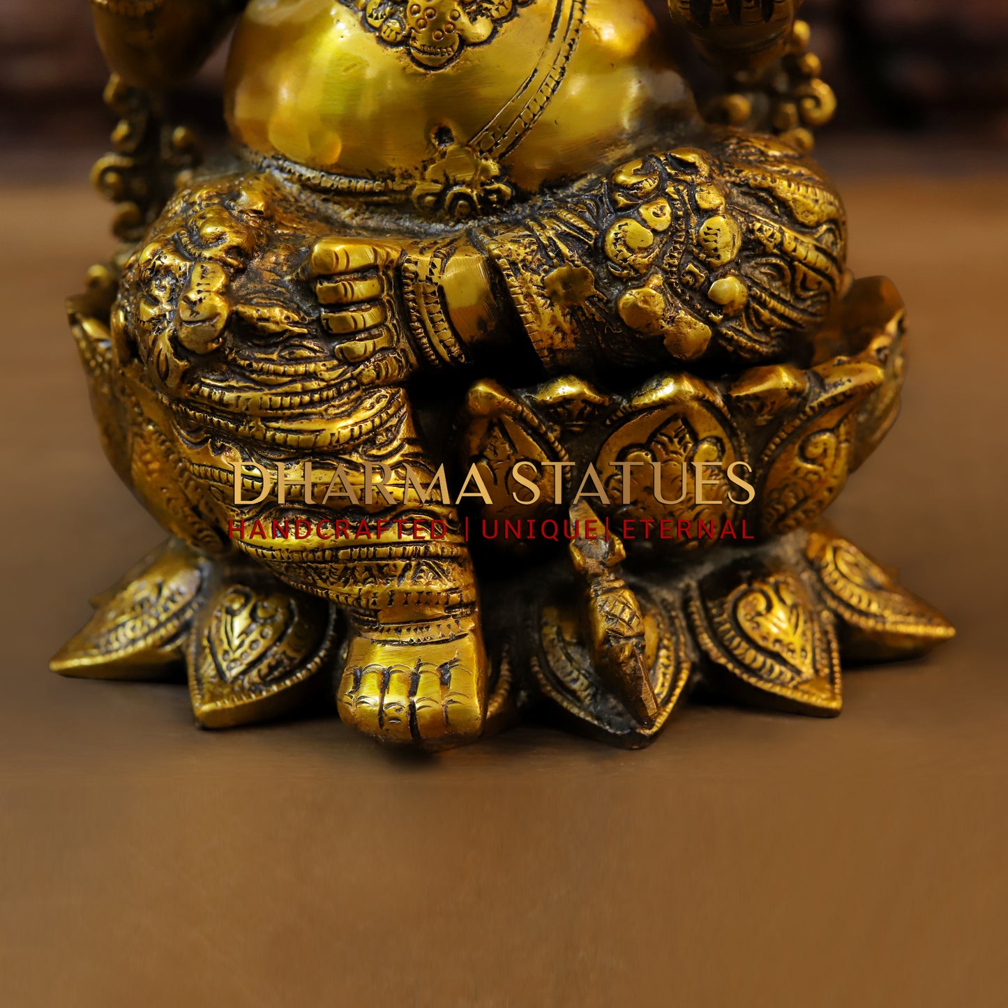 Brass Ganesh seated on Lotus in Blessing Posture, Fine Golden Finish, 12"