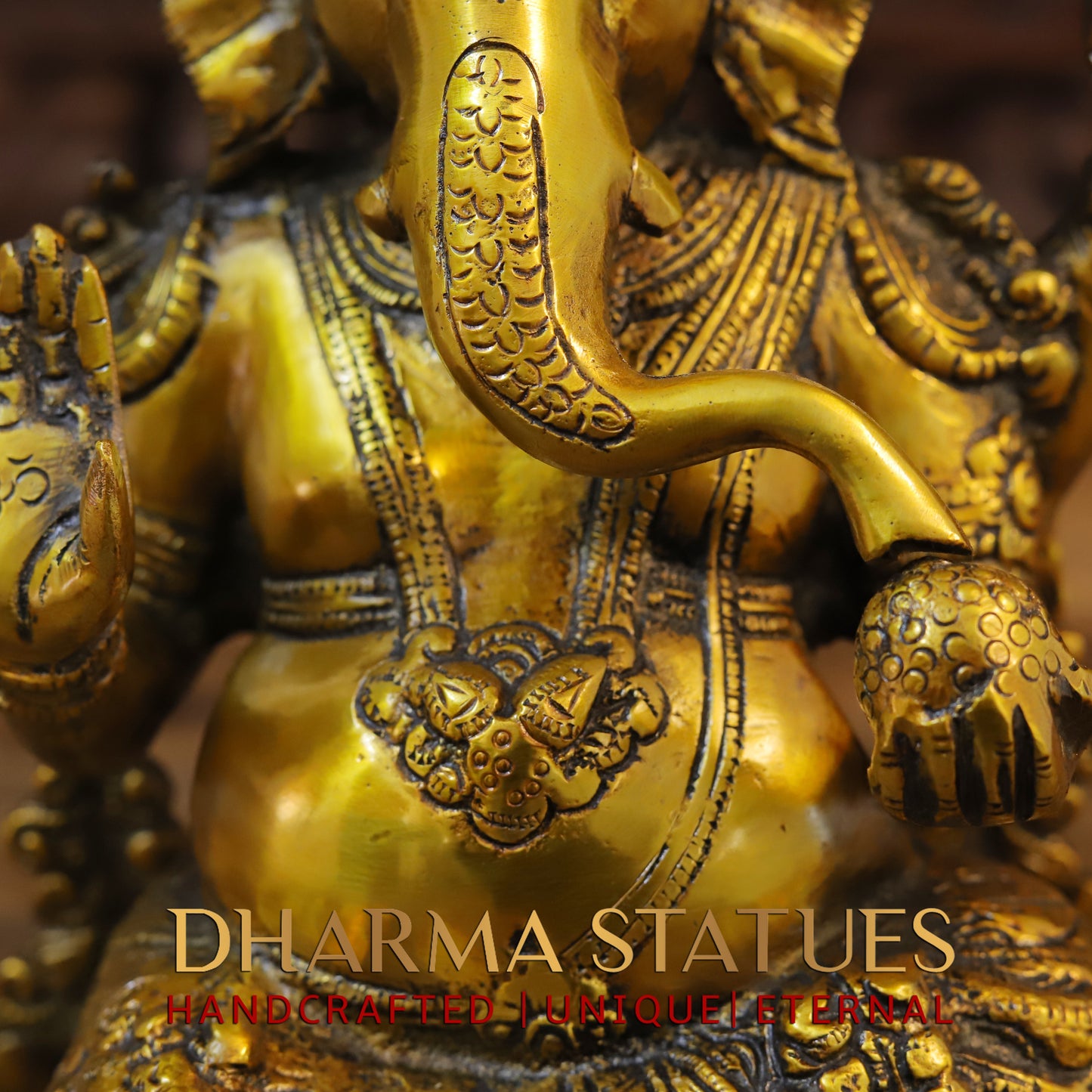 Brass Ganesh seated on Lotus in Blessing Posture, Fine Golden Finish, 12"
