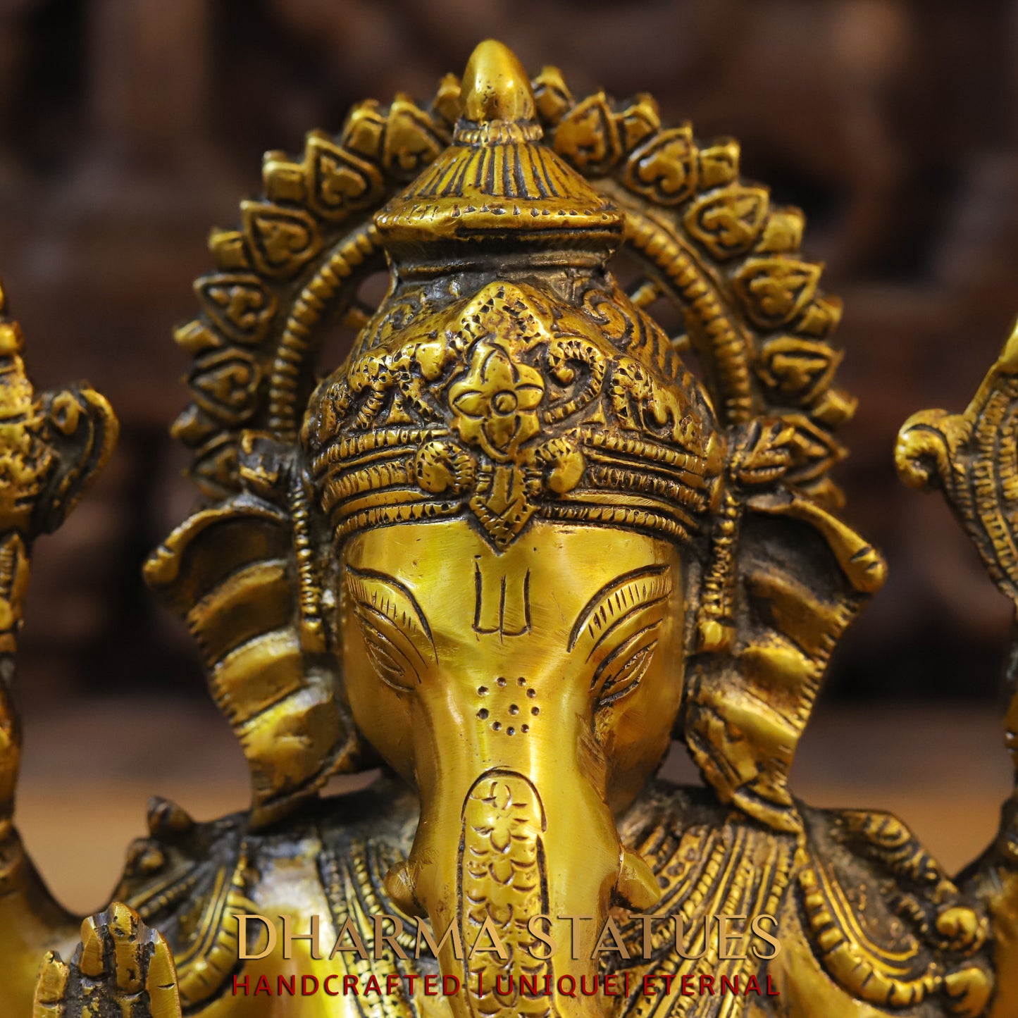 Brass Ganesh seated on Lotus in Blessing Posture, Fine Golden Finish, 12"