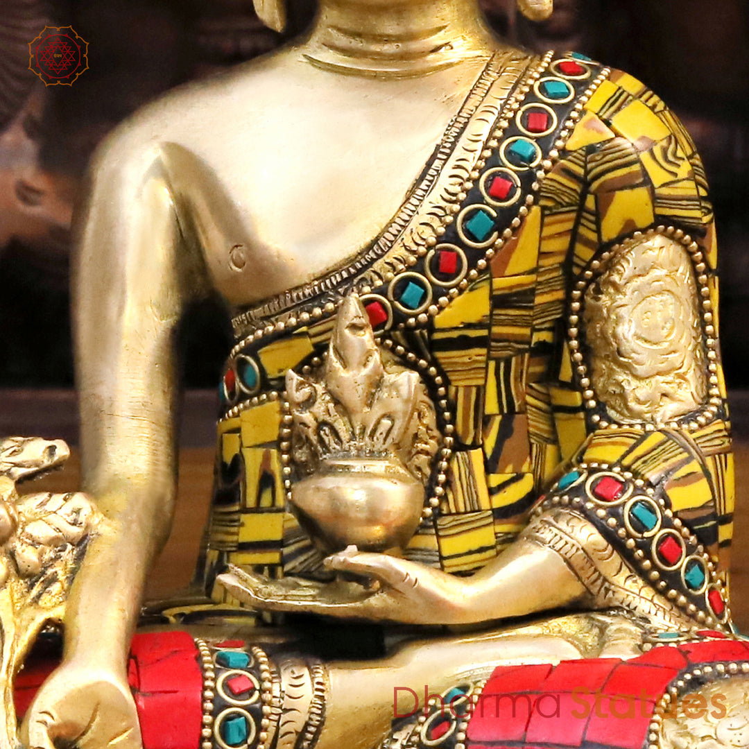 Brass Buddha Idol, Meditating Buddha, Golden & Stone Work 8"