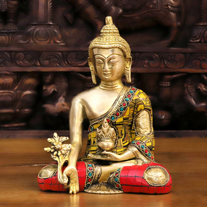 Brass Buddha Idol, Meditating Buddha, Golden & Stone Work 8"