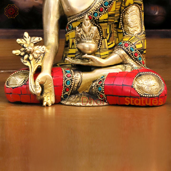 Brass Buddha Idol, Meditating Buddha, Golden & Stone Work 8"