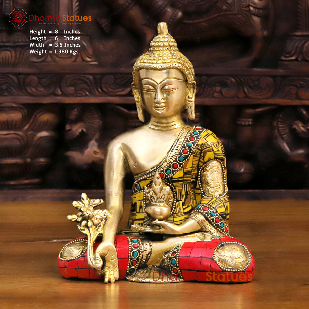 Brass Buddha Idol, Meditating Buddha, Golden & Stone Work 8" Front View