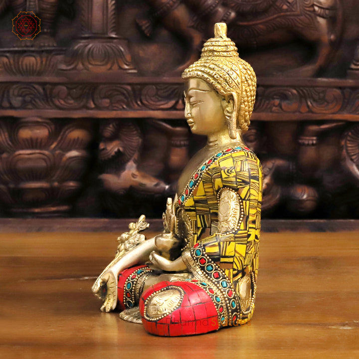 Brass Buddha Idol, Meditating Buddha, Golden & Stone Work 8"