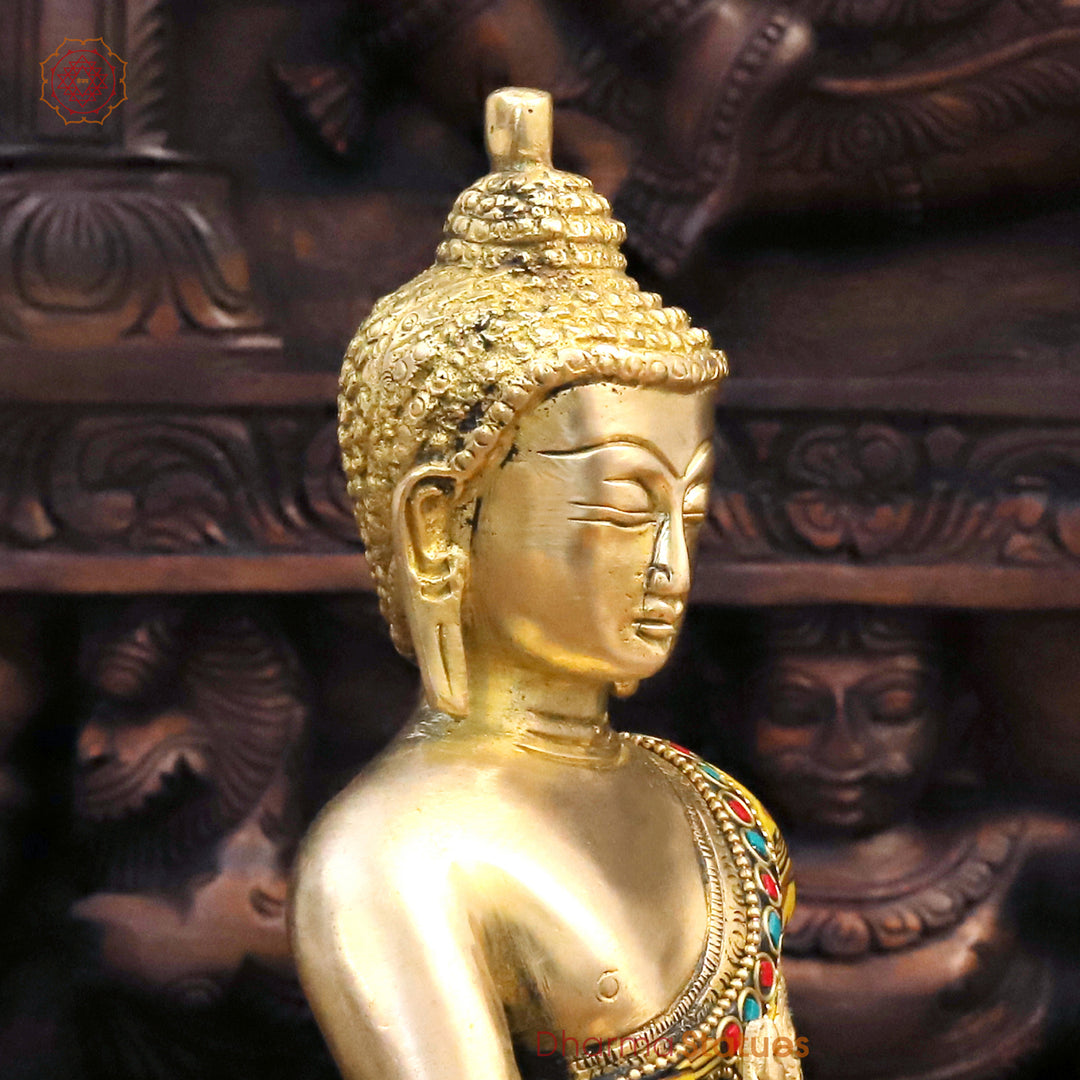 Brass Buddha Idol, Meditating Buddha, Golden & Stone Work 8"