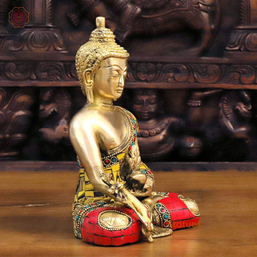 Brass Buddha Idol, Meditating Buddha, Golden & Stone Work 8"