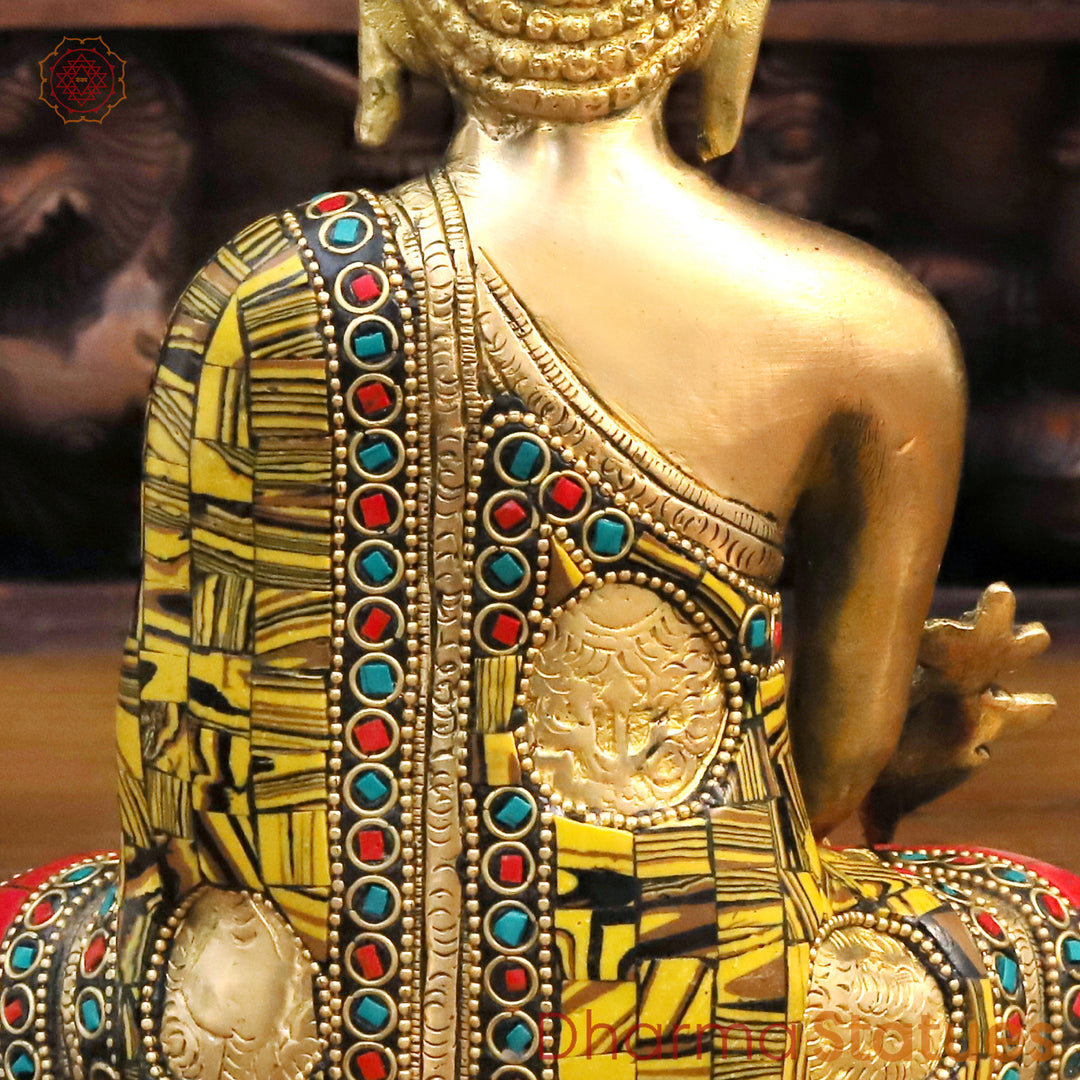 Brass Buddha Idol, Meditating Buddha, Golden & Stone Work 8"