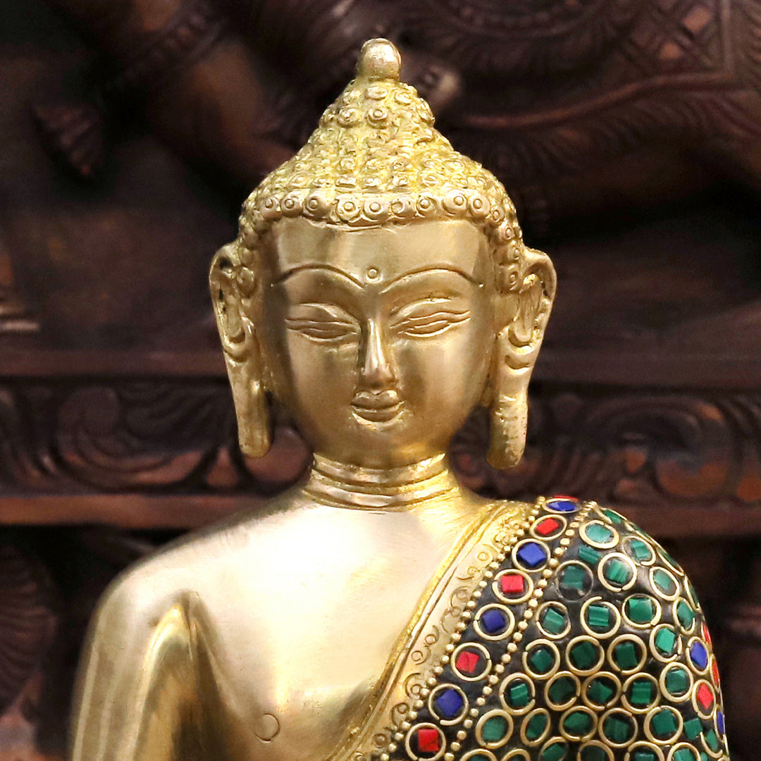 Brass Buddha Idol, Meditating Buddha,  Golden & Stone work 8"