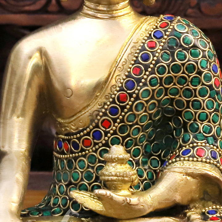 Brass Buddha Idol, Meditating Buddha,  Golden & Stone work 8"