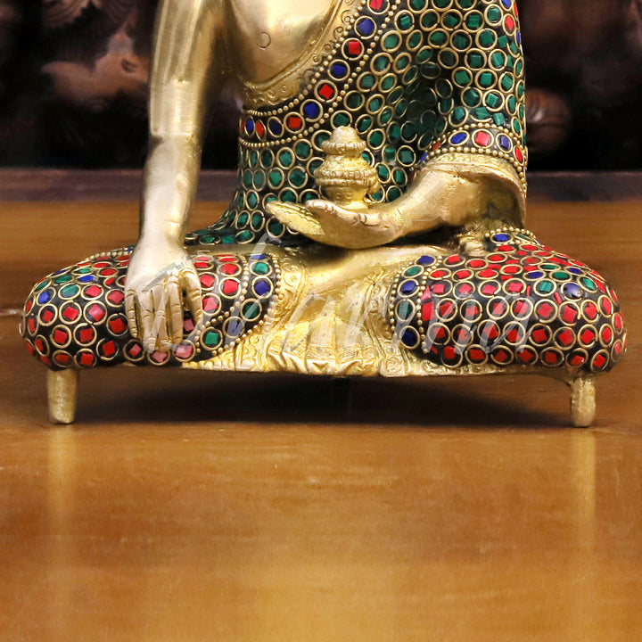 Brass Buddha Idol, Meditating Buddha,  Golden & Stone work 8"